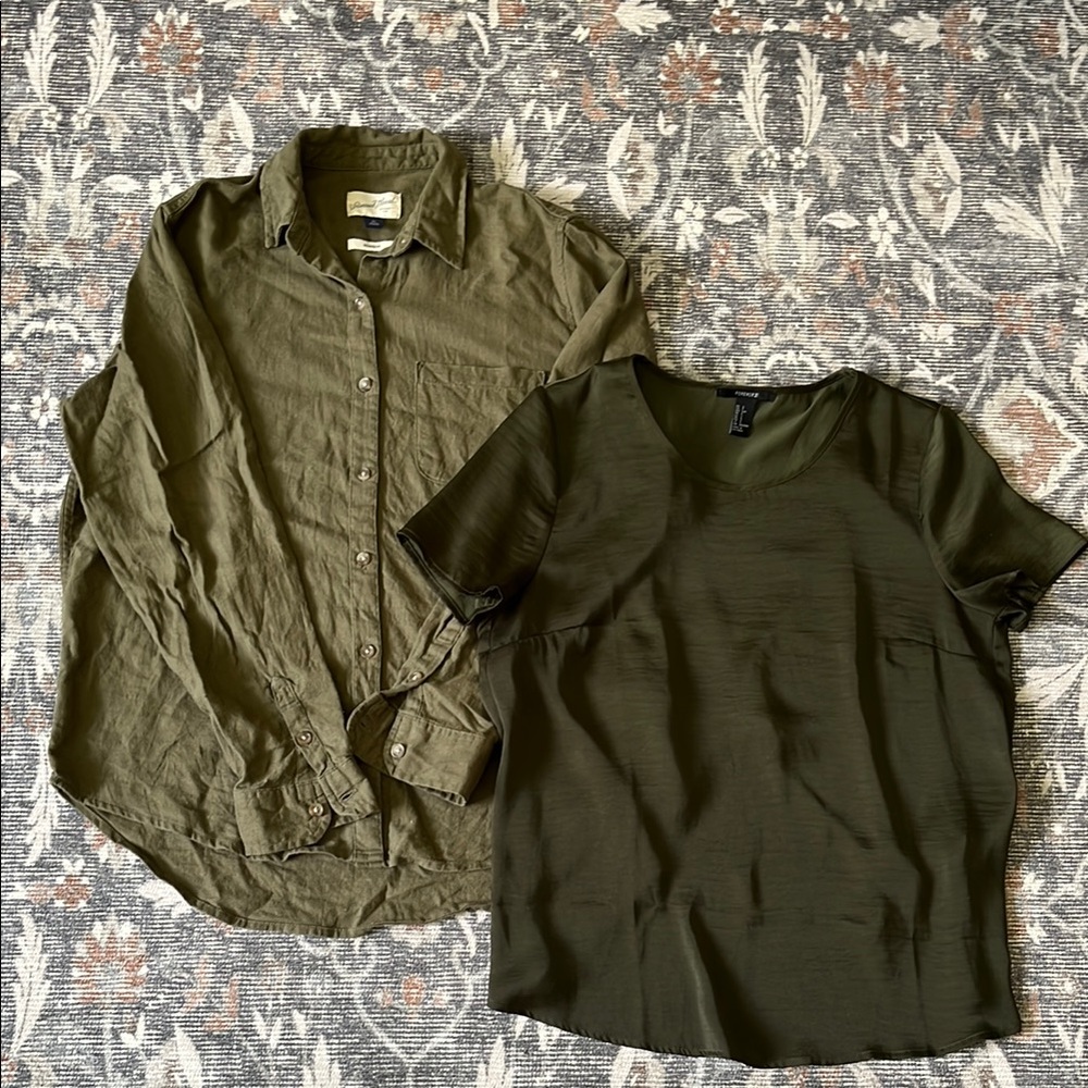 Olive Green Linen Button-Up and Dress Top Set